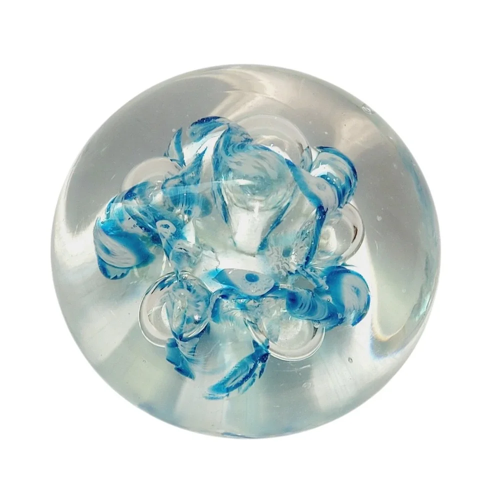 Blue White Controlled Bubble Art Glass Paperweight Round Orb Desk Decor